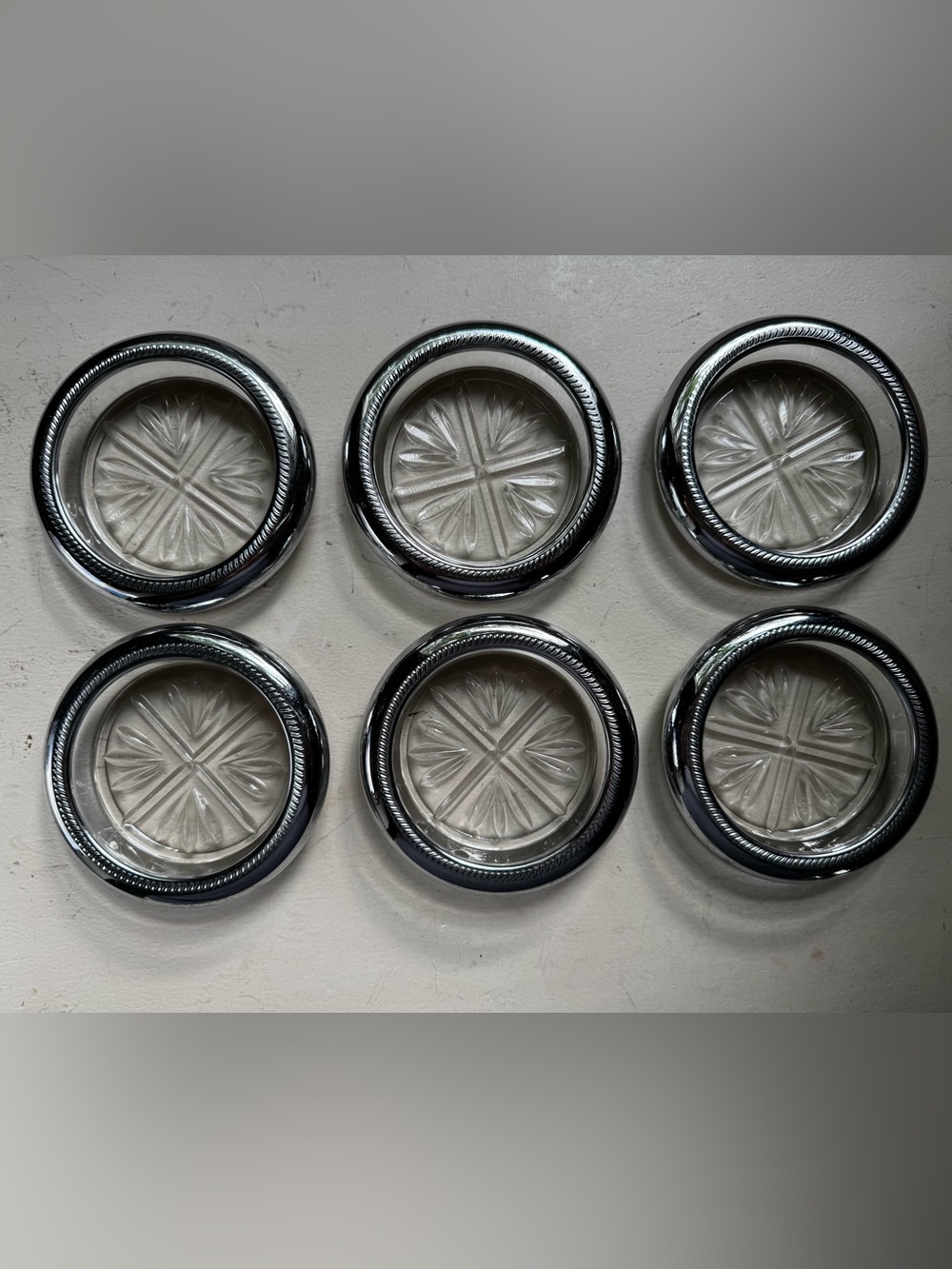 Vintage MCM Perma Brite Chrome Crystal Coasters, National Silver Co, Set of 6